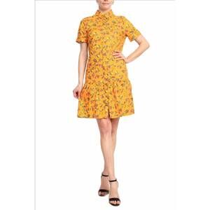 NEW DONNA MORGAN folded sleeve cotton blend dress with pockets in amber multi-co